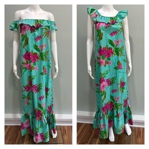 VINTAGE KALA Hawaii Dress S M Floral Aqua Bright Off Shoulder Ruffle Flounce